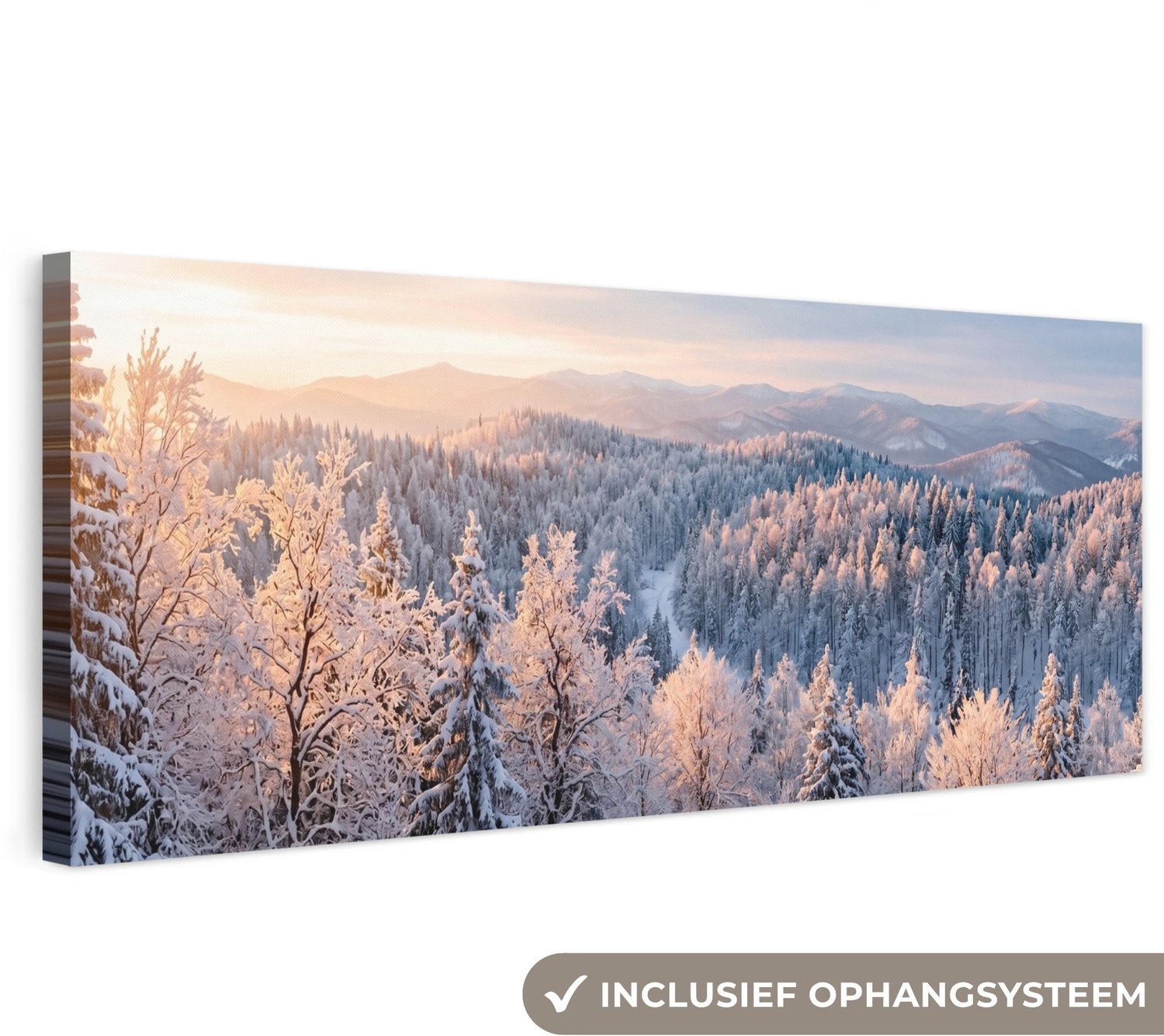 Canvas schilderij 150x50 cm - Exclusieve wanddecoratie Bos - Bergen - Goud - Winter - Warm - Muurdecoratie woonkamer - Slaapkamer decoratie - Kamer accessoires - Schilderijen op canvas groot XXL