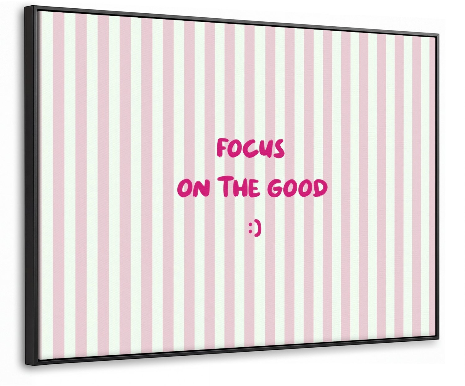 Canvas Schilderij met Baklijst 70x50cm - Focus on the good - Strepen - Roze - Smiley - Muurdecoratie woonkamer - Slaapkamer decoratie - Kamer accessoires - Schilderijen op canvas met lijst