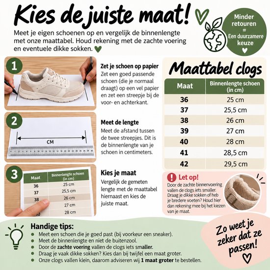 Maattabel voor clogs met stap-voor-stap instructies en tips voor de juiste pasvorm.