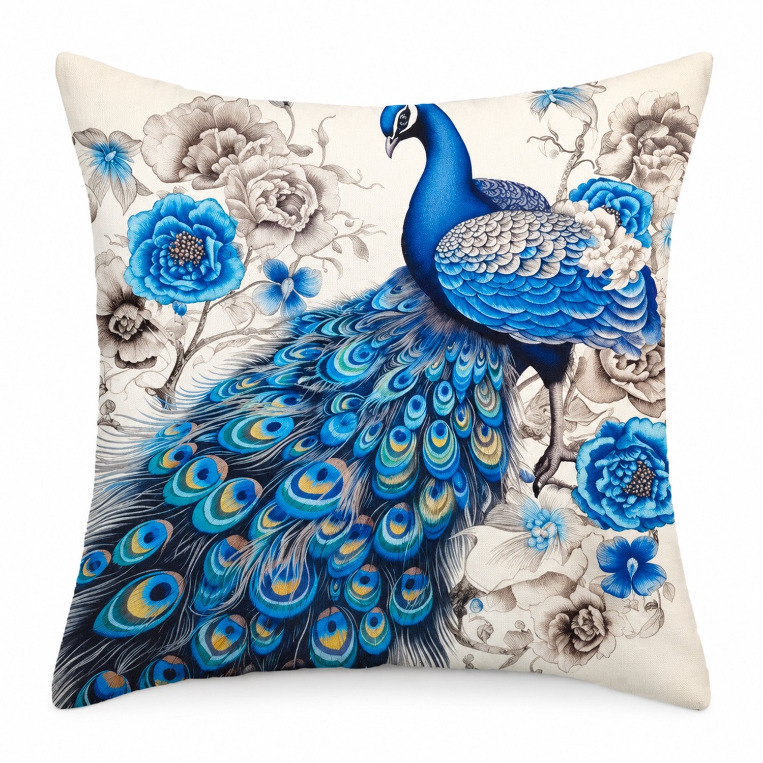 SWGOTA Kussenhoes 45 x 45 cm van kortpolig pluche met pauw en bloemen - Vierkante decoratieve hoes voor de bank Blauw