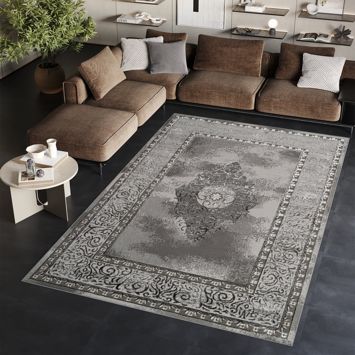Tapiso Ares Vloerkleed Donkergrijs Laagpolig Woonkamer Oriental Tapijt Maat- 140x200