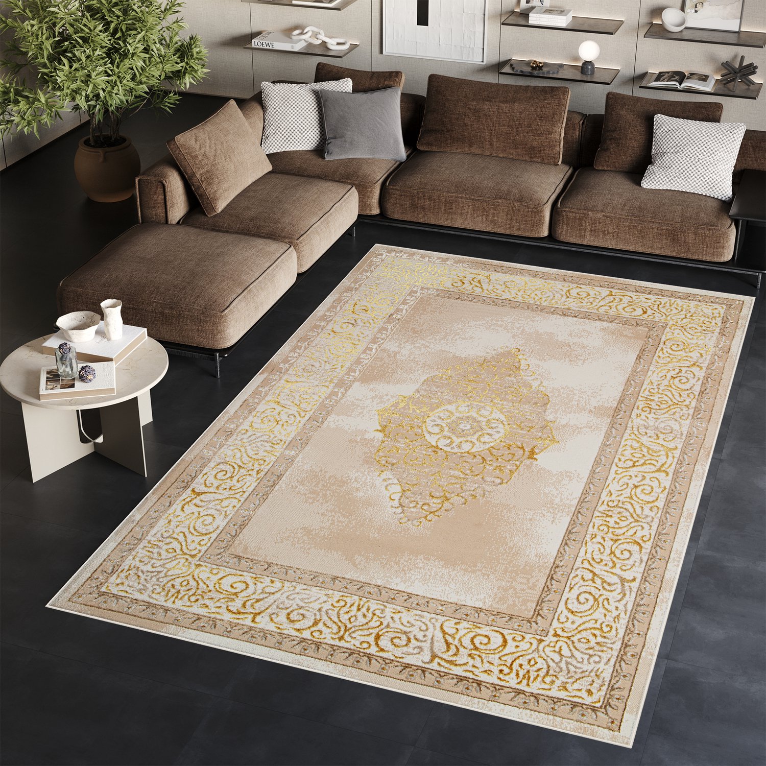 Tapiso Ares Vloerkleed Beige Modern Laagpolig Woonkamer Oriental Tapijt Maat- 160x220 Goud