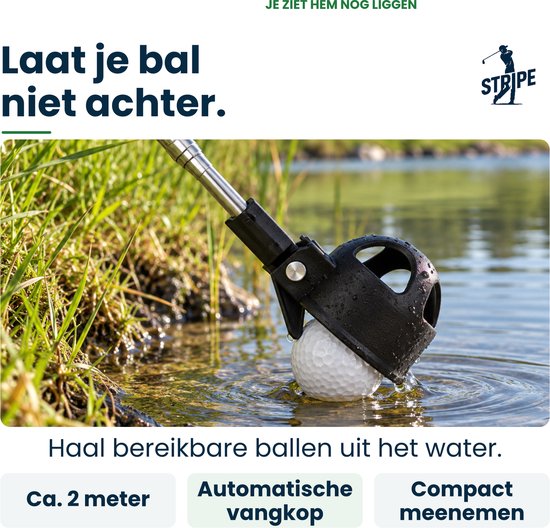Close-up van de Stripe golfbalhengel die een witte golfbal uit het water haalt met de automatische vangkop.