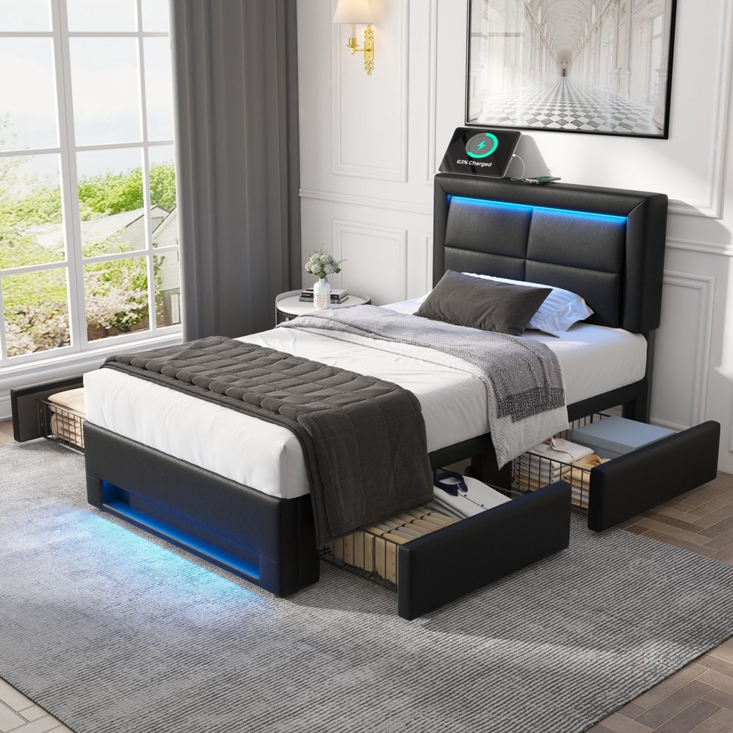 KOMHTOM Gestoffeerd bed - 90x200 cm - PU - Zwart - LED-verlichting - USB-aansluiting - Draadloos en bedraad opladen - Opbergruimte - Lade