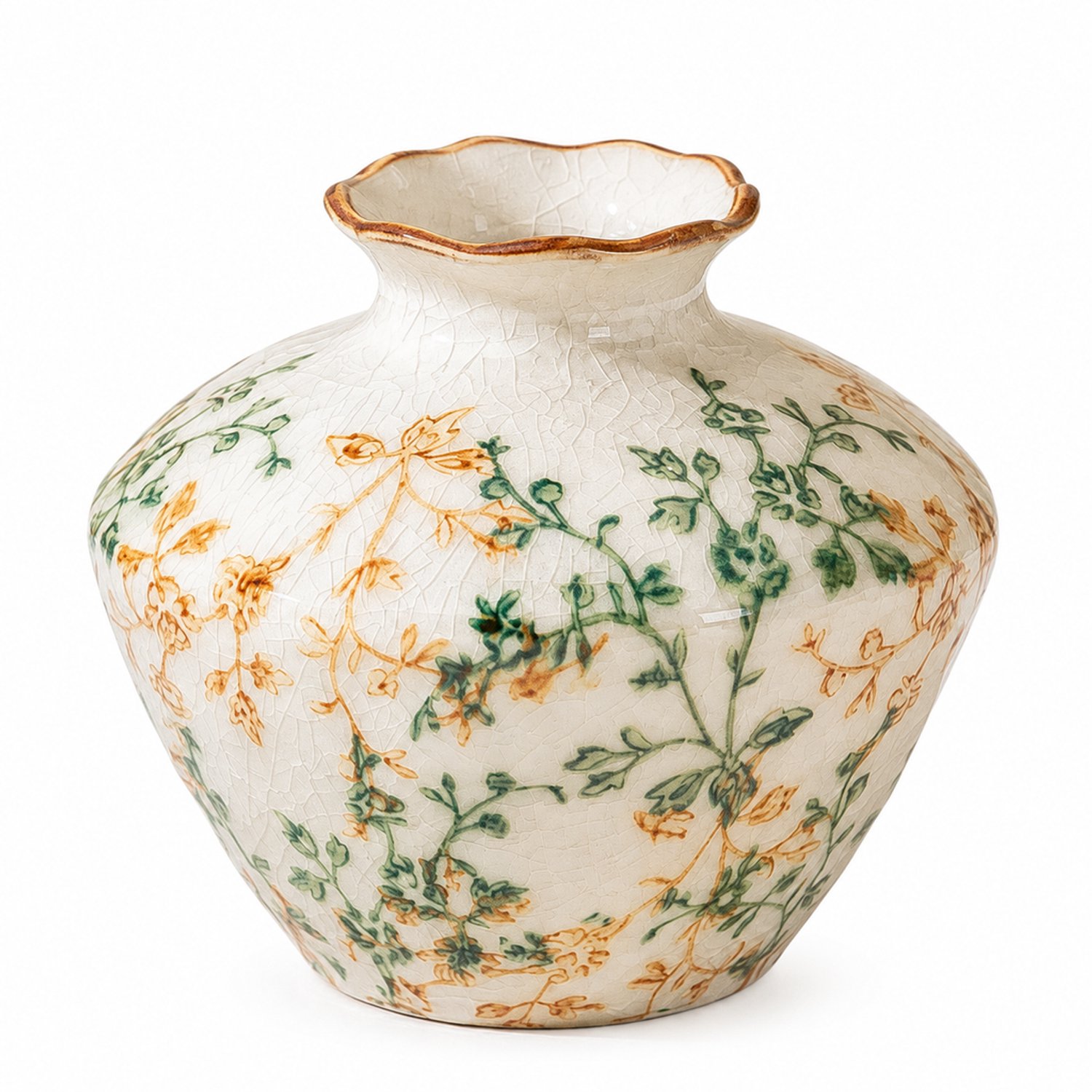 SWGOTA Kleine keramische vaas met craquelé en botanisch motief - 9 cm hoog - Golvende bruine rand - Voor kunstbloemen Crème