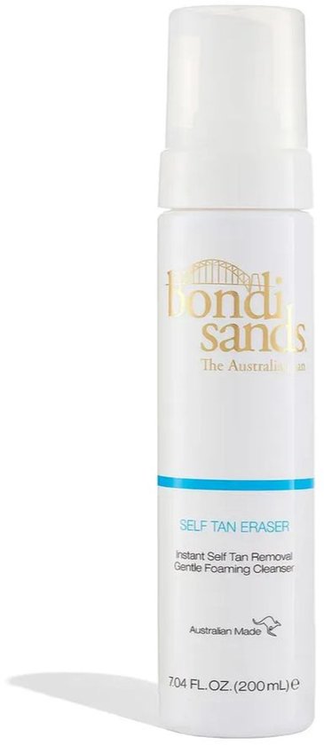Witte fles Bondi Sands Self Tan Eraser schuimreiniger van 200ml met blauwe accenten en goudkleurig logo.