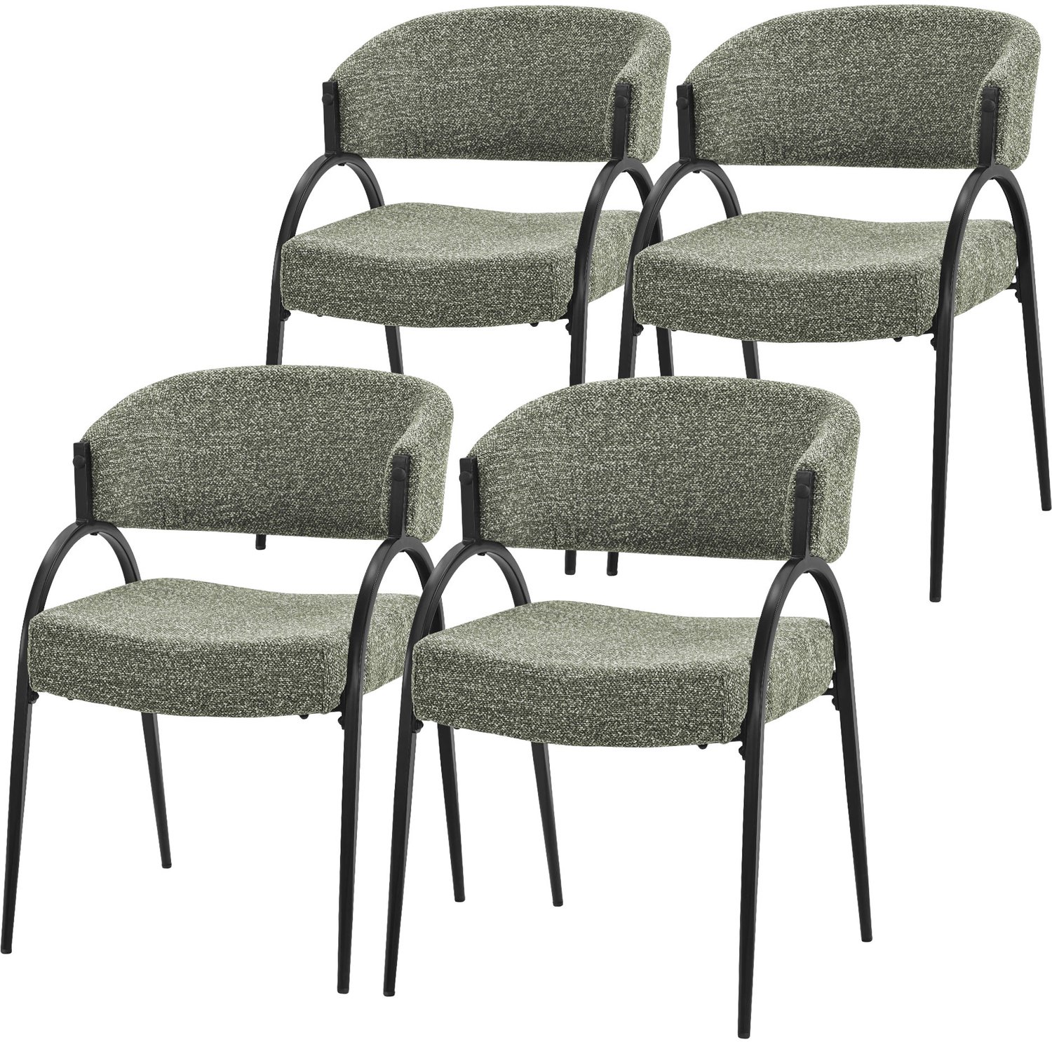 ml-design Eetkamerstoelen set van 4 met armleuningen bouclé stof bekleding, stoelen met gebogen rugleuning, comfortabele bekleding voor de keuken, woonkamer en het bureau, robuust stalen frame 120 kg, moderne armstoelen met schuimvulling, groen