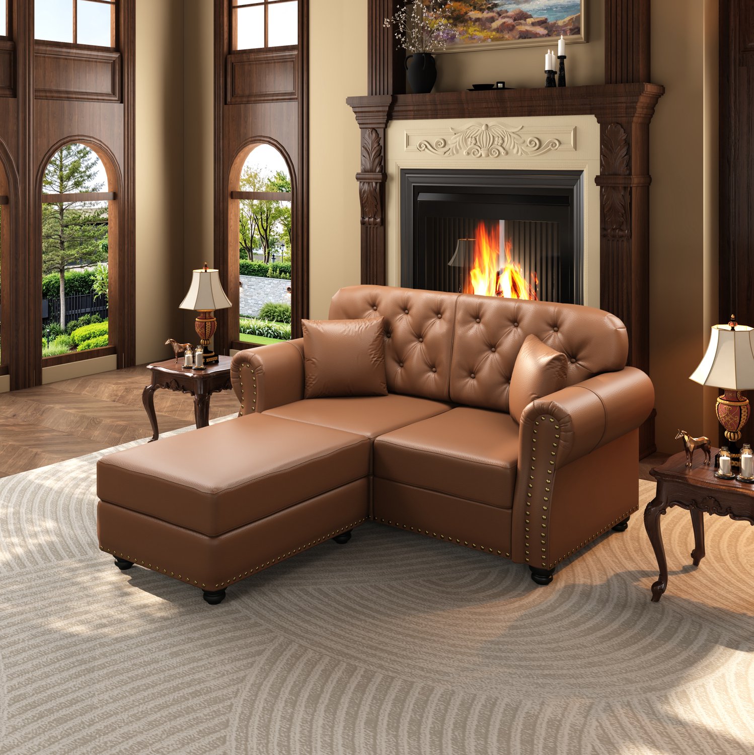 STILVORA Chesterfield Bank 160 cm - Tweezitsbank met Losse Hocker, Knoopdetails en Rolarmleuningen - voor Woonkamer - Kunstleer - Bruin
