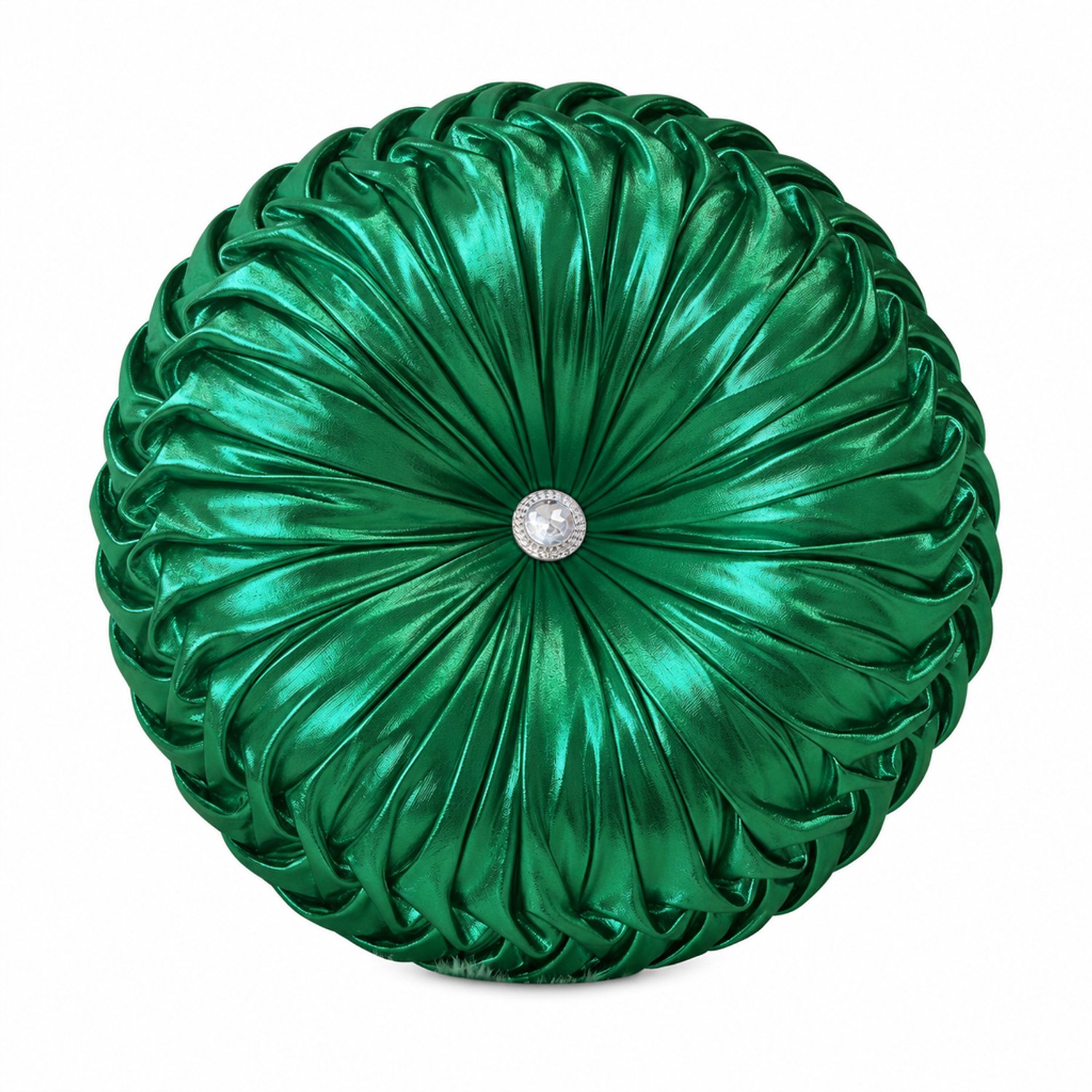 SWGOTA Groen rond sierkussen 35 x 35 x 10 cm - glanzende polyester buitenkant, plooien en decoratieve middenknop - voor bank en bed