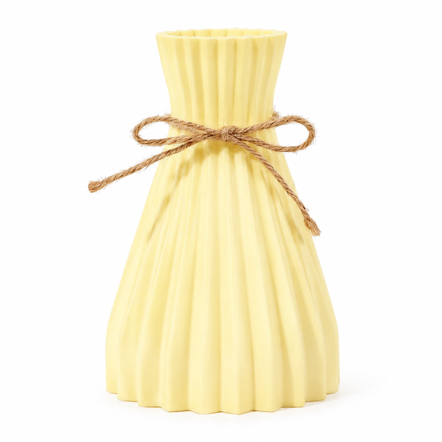 SWGOTA Gele kunststof vaas met origami-look, verticale plooien en getailleerde vorm, met touwstrik voor kunstbloemen, in kartonnen doos Geel