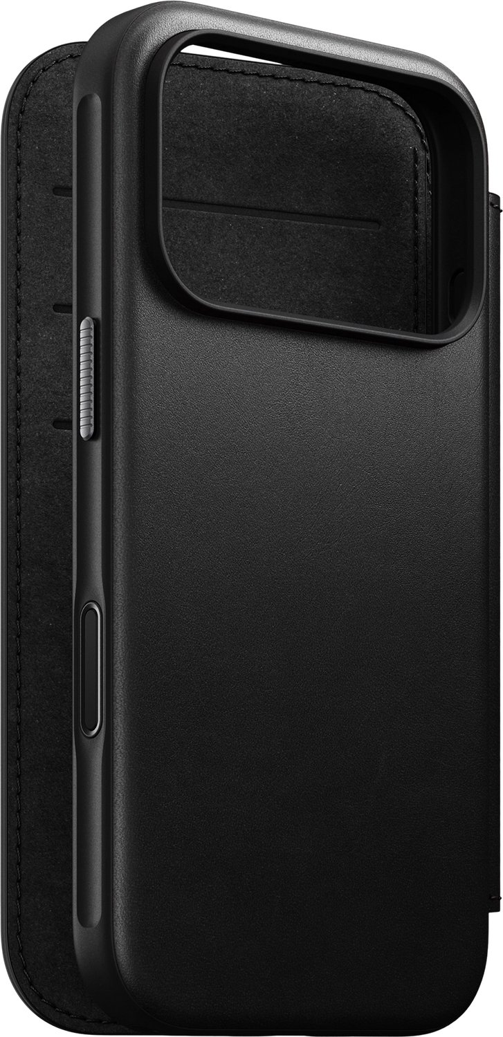 Nomad Modern Camino Lederen Folio Hoesje – Geschikt voor iPhone 18 Pro/17 Pro – Gemaakt van custom-made Camino leder – Ruimte voor 3 kaarten en geld – MagSafe compatible - Zwart