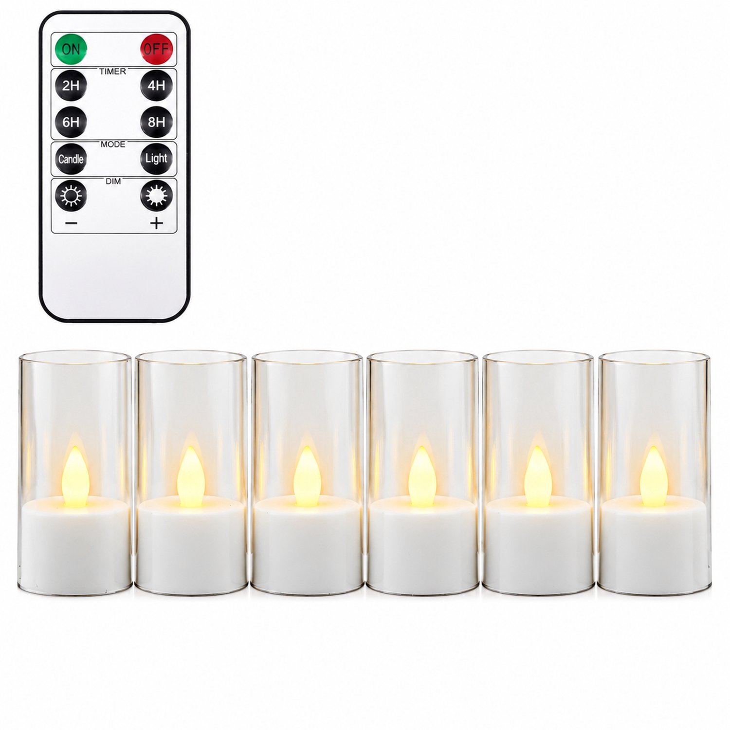 SWGOTA led kaarsen in transparante cups - 6 stuks per doos, warme vlamvormige verlichting, met afstandsbediening en knoopcel voor de afstandsbediening