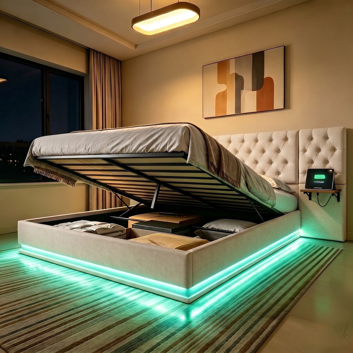 Mofor Gestoffeerd Opbergbed 140x200 cm met RGB LED-verlichting en Verlengd Hoofdbord - Lattenbodem - Linnen - Beige