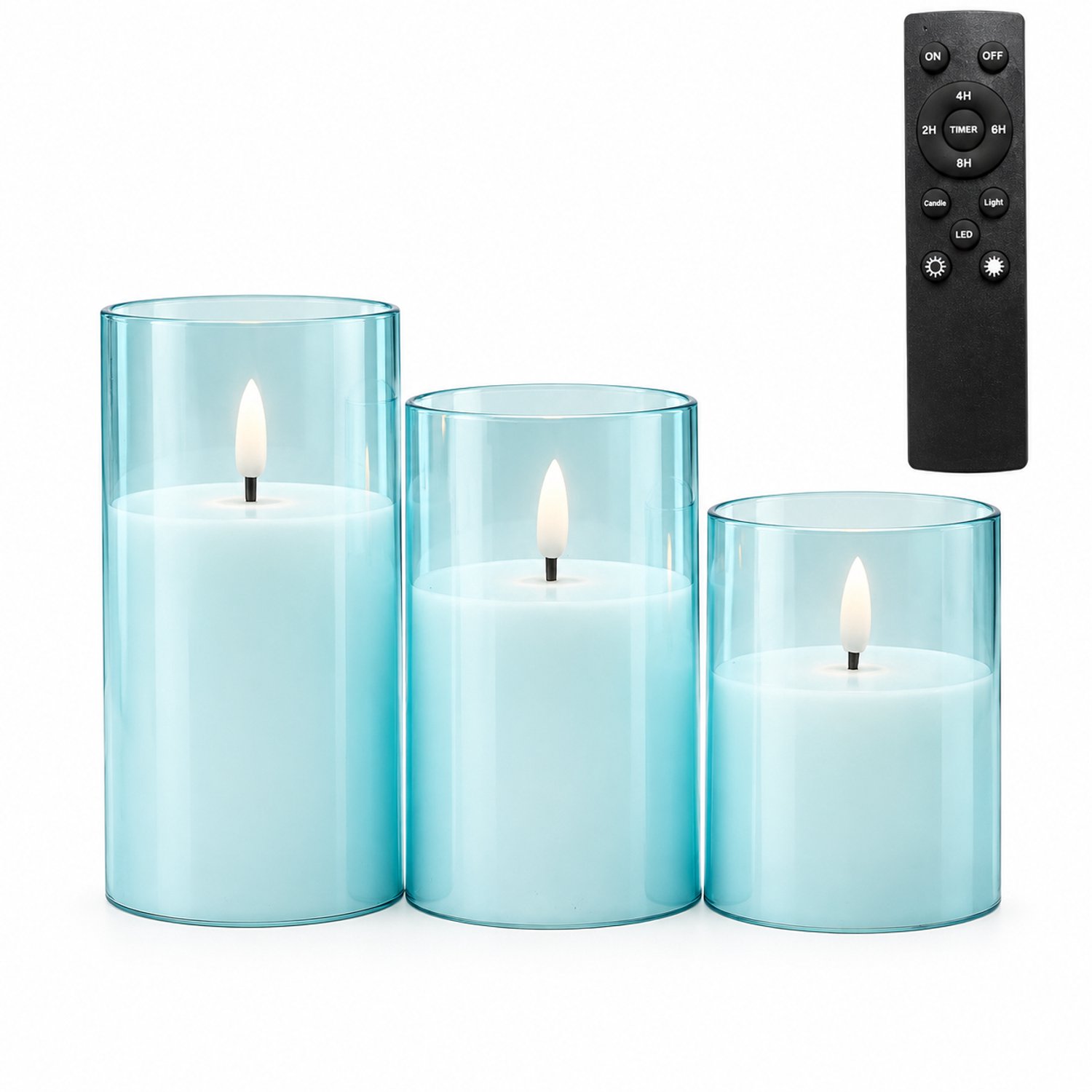 SWGOTA led kaarsen, 3 stuks per doos, lichtblauw in drie hoogtes, met grote afstandsbediening en timerkeuzes, voor kerst- en bruiloftdecoratie