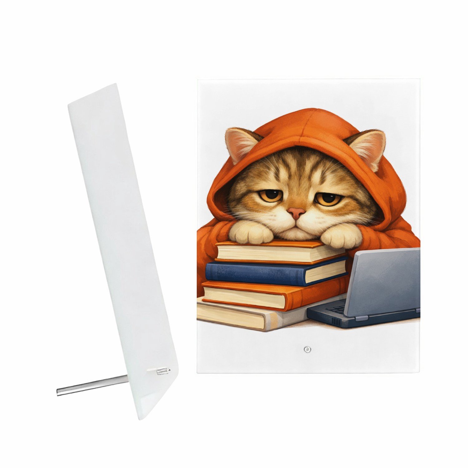 Mr Cadeautjes Glazen fotopaneel Een panda die achter een stapel boeken in een hoodie hangt m - 15 x 20 cm, staand - glas, decoratie, wanddecoratie | cadeau Wit