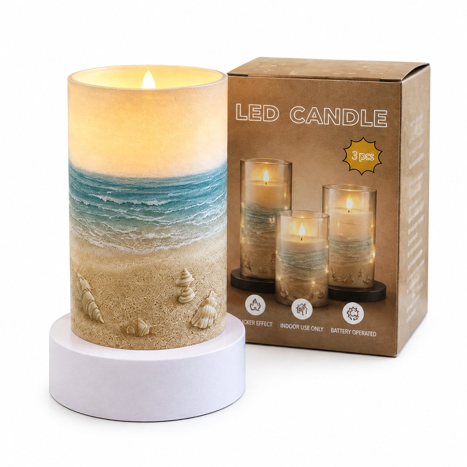 SWGOTA led kaarsen met strandmotief - 1 stuk, 7,5 x 12,5 cm, puntvormige vlam, warm licht, in doos, zonder batterijen Blauw