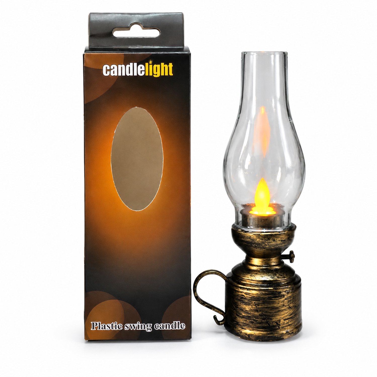 SWGOTA Retrolamp voor liefhebbers van led kaarsen - olielampstijl met bewegende vlam, antiek bronsgoud, transparante kap en vensterdoos