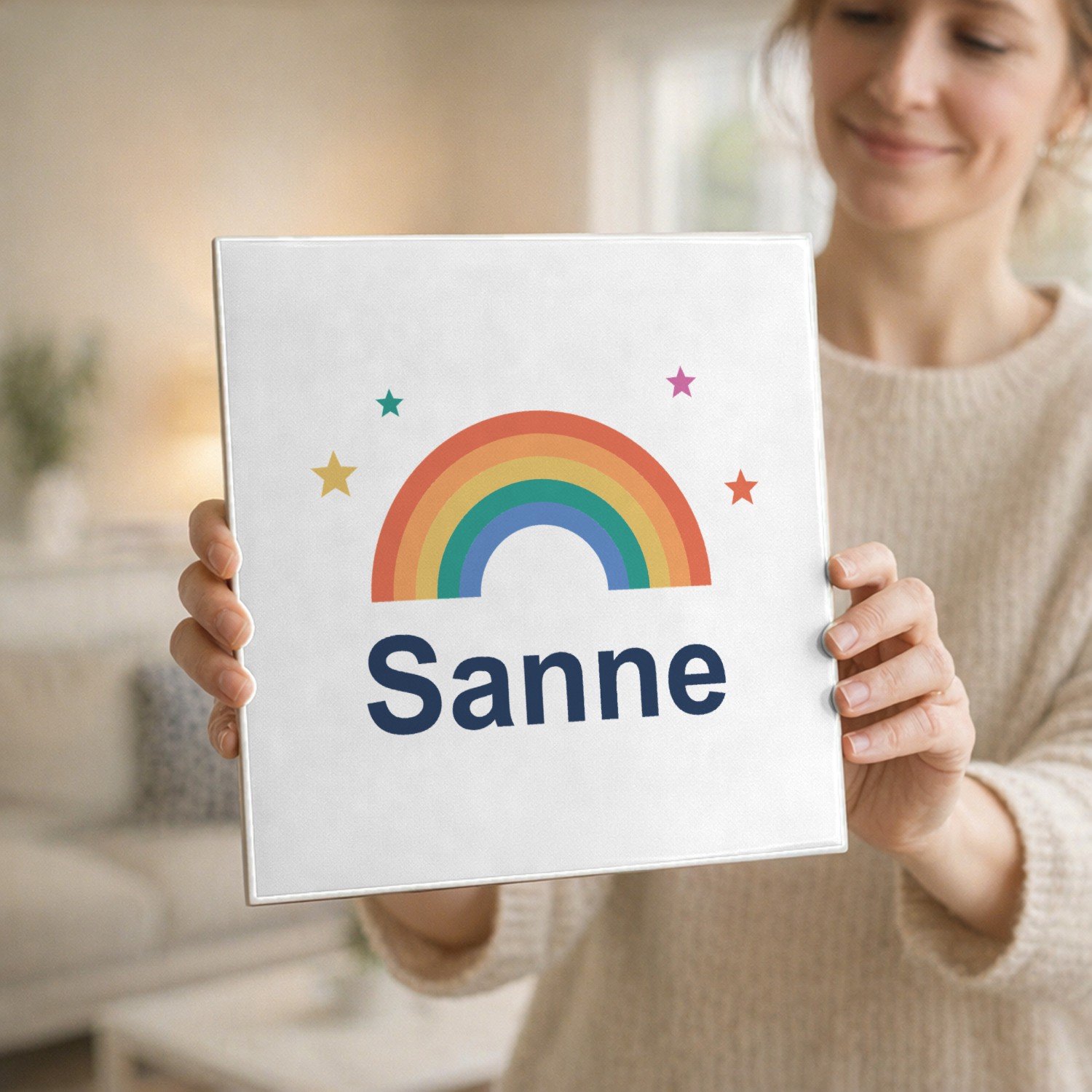 Mr Cadeautjes Tegel 20 x 20 cm - design Regenboog met naam Sanne | cadeau Wit
