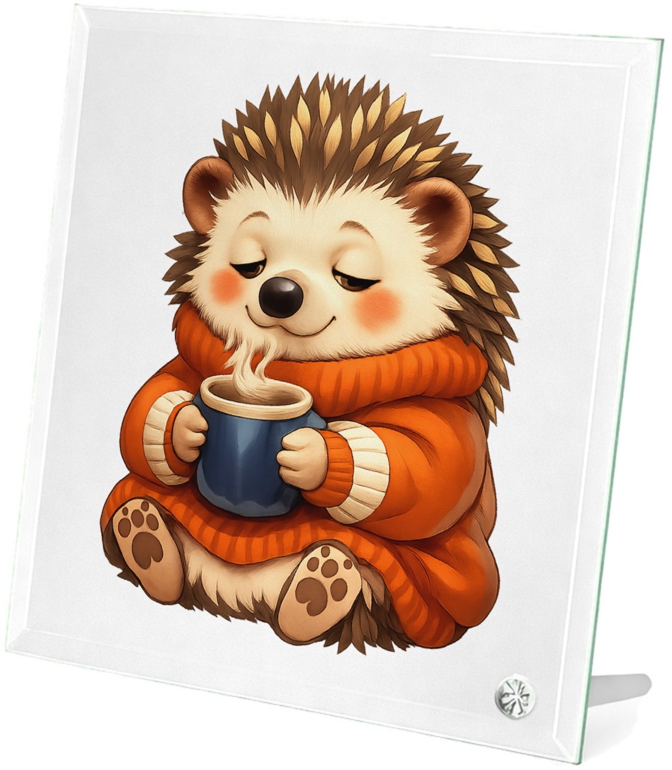 Mr Cadeautjes Glasframe 20 x 20 - design Een slaperige egel in een oversized trui met een warme drank | cadeau Wit
