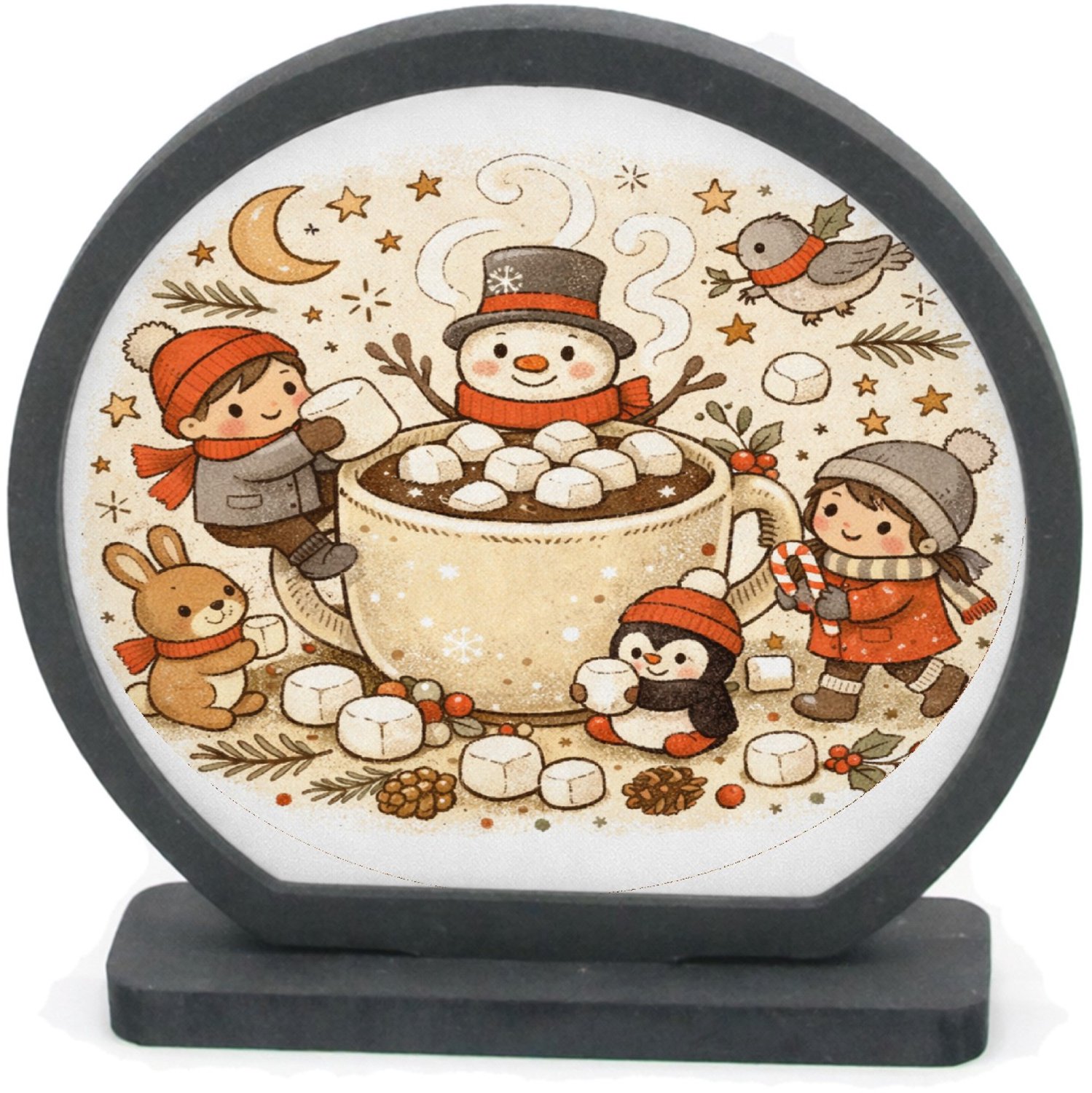 Mr Cadeautjes Houten fotolijst rond met MDF inleg - design Een knusse winterkeuken-scène met bewegende figuren rond een | cadeau Wit
