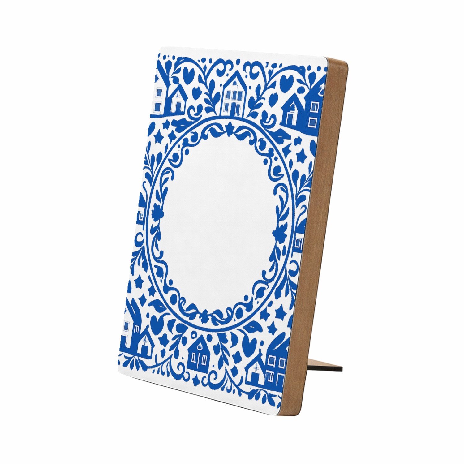 Mr Cadeautjes Glasframe/MDF 12,7 x 17,8 - design Een klassieke blauw-witte rand met huiselijke symbolen en ee | cadeau