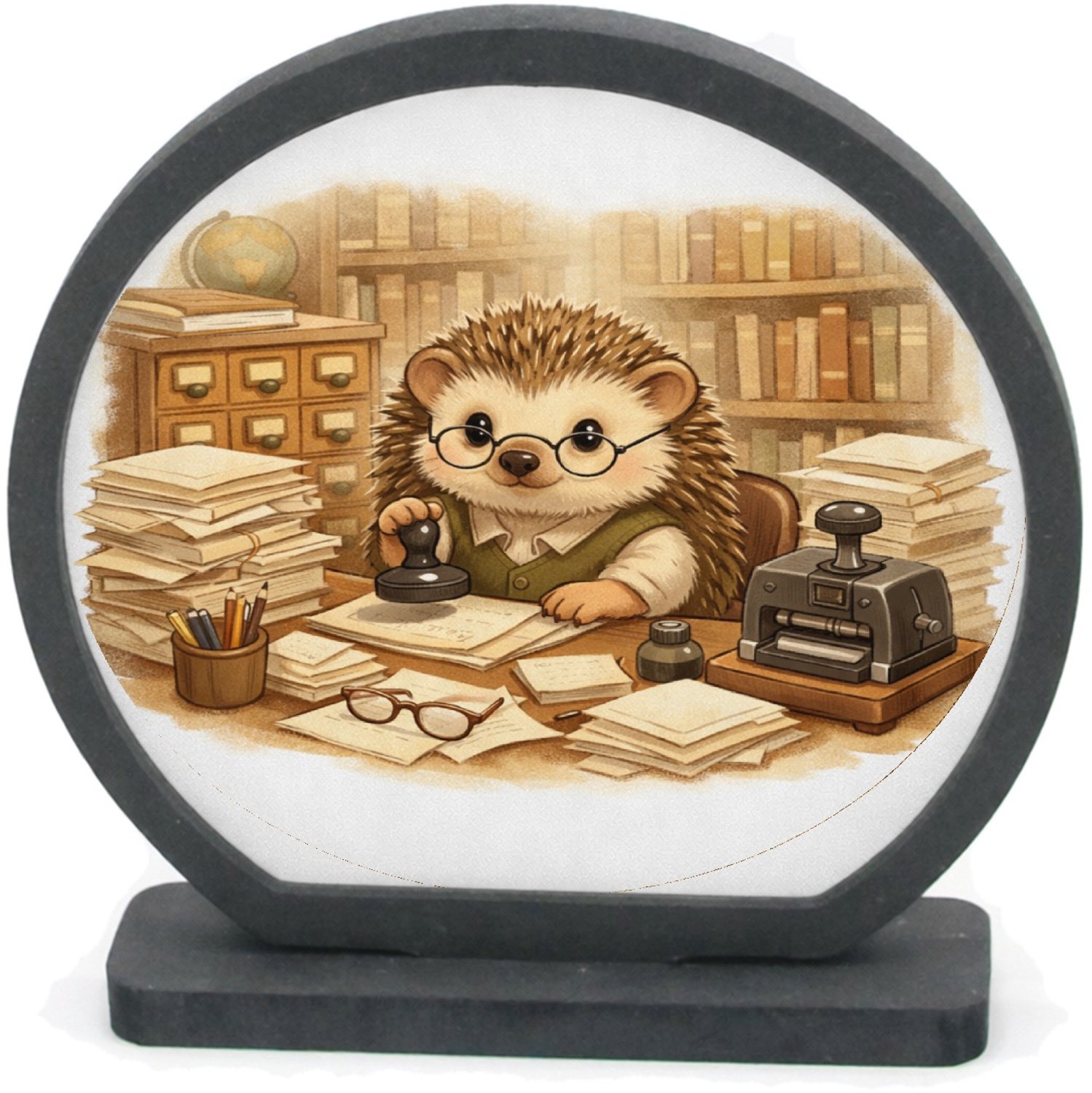 Mr Cadeautjes Houten fotolijst rond met MDF inleg - design Een egel als bibliothecaris tussen hoge boekenkasten, met te | cadeau Wit