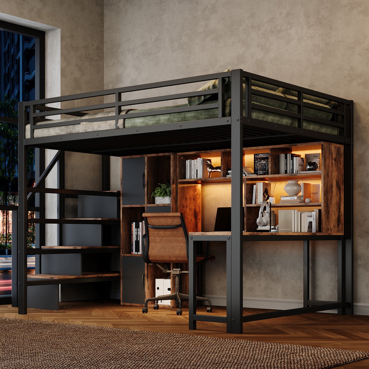 Zubaliya Hoogslaper 140 x 200 cm, Metalen bedframe, Ladekast, Opbergvak, LED-lichtstrip, Zonder matras, zwart