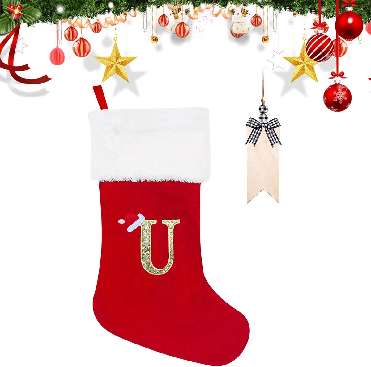 Kousen 50cm Gepersonaliseerde Kerstkous met Letter Groot Monogram Rode Kerstkousen met Naamlabel Pluche Hangende Kousen Cadeau Sok voor Kerstboomdecoratie Vakantie Ornament (U)