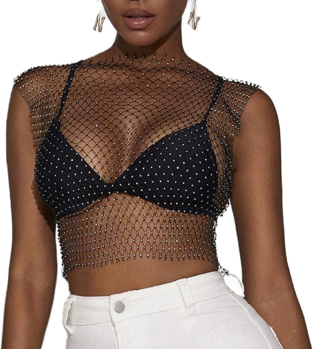 Glitter Tanktops, Zwarte Sexy Mesh Diamant Hollow Out Crop Tops, Doorzichtige Strass Studded Crop Tops voor Festival, Club en Rave Outfit, Diamant Crystal Cover Up Clubwear