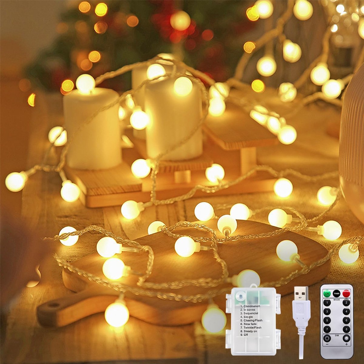 Lichtsnoer camping bal USB & batterijvoeding 12 m 100 leds met afstandsbediening, timer en 8 lichtmodi, IP44 weerbestendig voor buiten, ideaal voor tent, caravan, balkon en paviljoen
