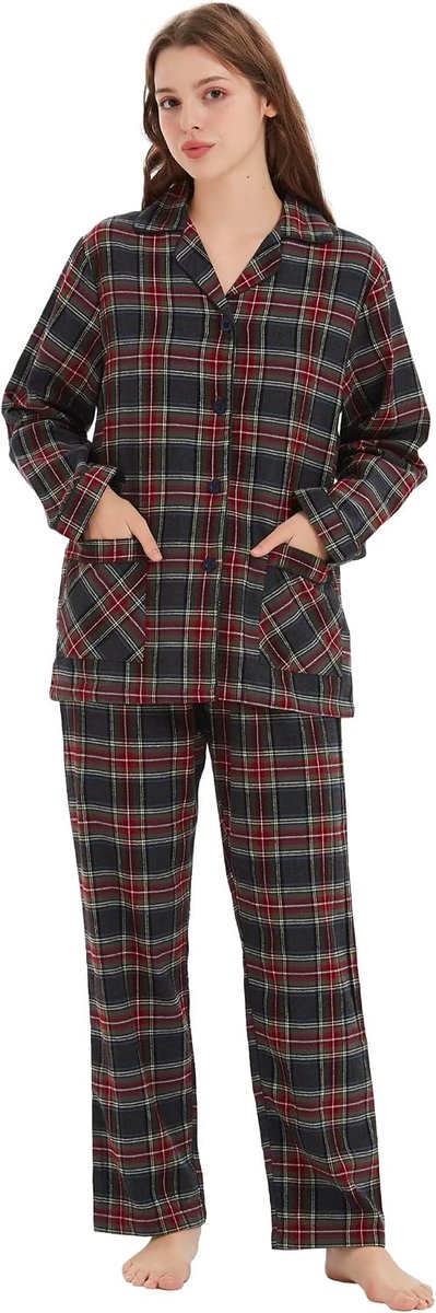 Pyjamaset voor heren, 2-delig, geruite comfortabele nachtkleding, pyjama's met zakken