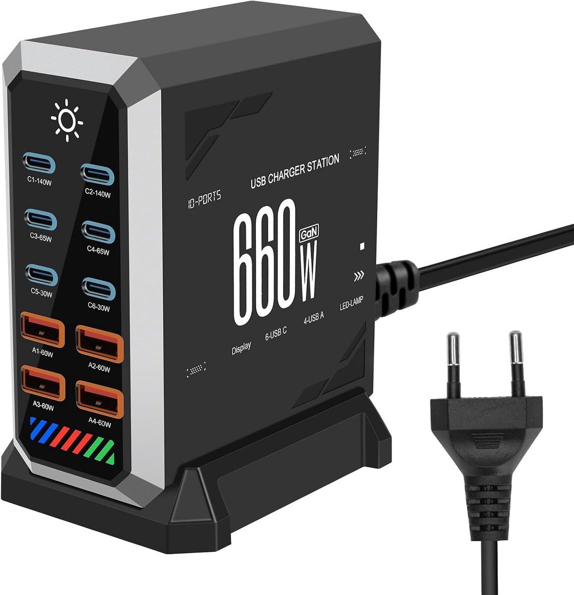 Oplader, 660 W, snellader, 10 poorten, GaN Power laadstation met 6 USBC-poorten en 4 USB-A-poorten voor MacBook Air, iPad, iPhone 16, 15 Pro, 14, 13, 12, Galaxy S22, S20