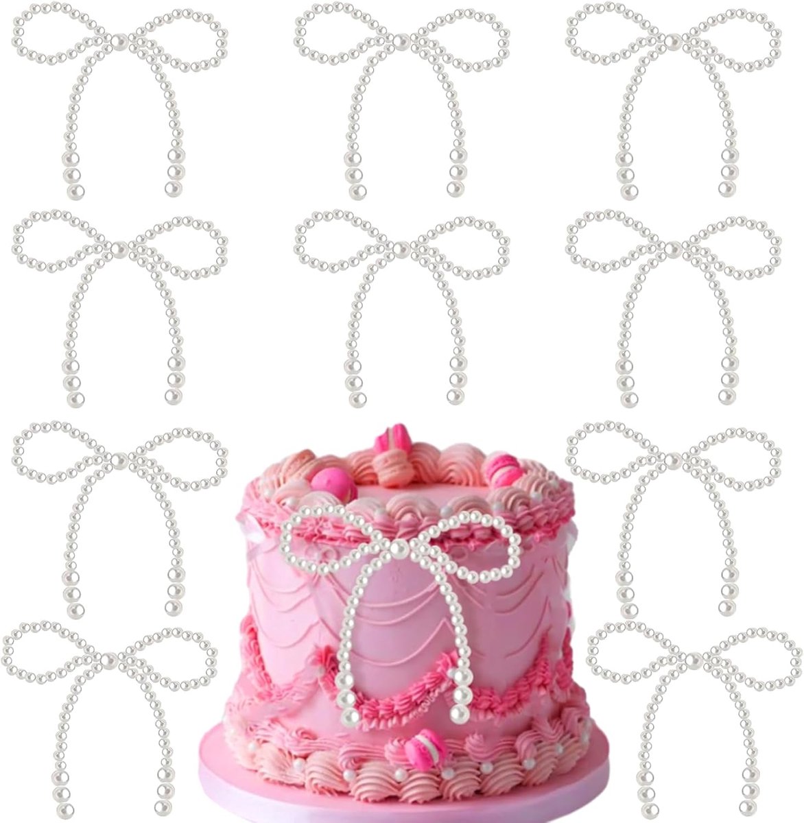 10 stuks kralen, strikken, taarttoppers, kralen, strikken, cupcake-toppers, decoratieve taarten voor verjaardagsfeest, bruiloft, babyshower, feestdecoratie