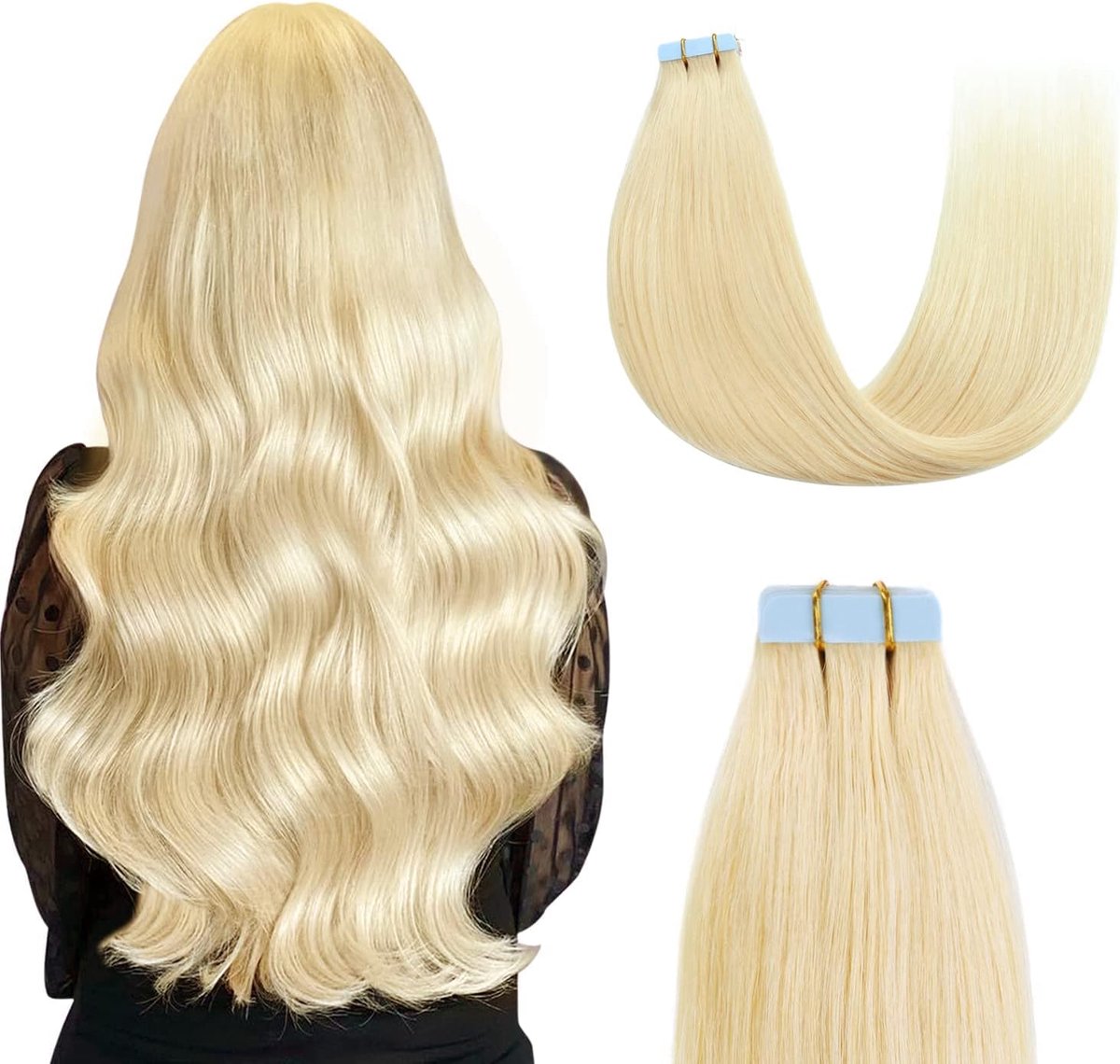 Tape-in extensies van echt haar, 613 gebleekt blond, 35 cm, 40 g/verpakking, 20 stuks