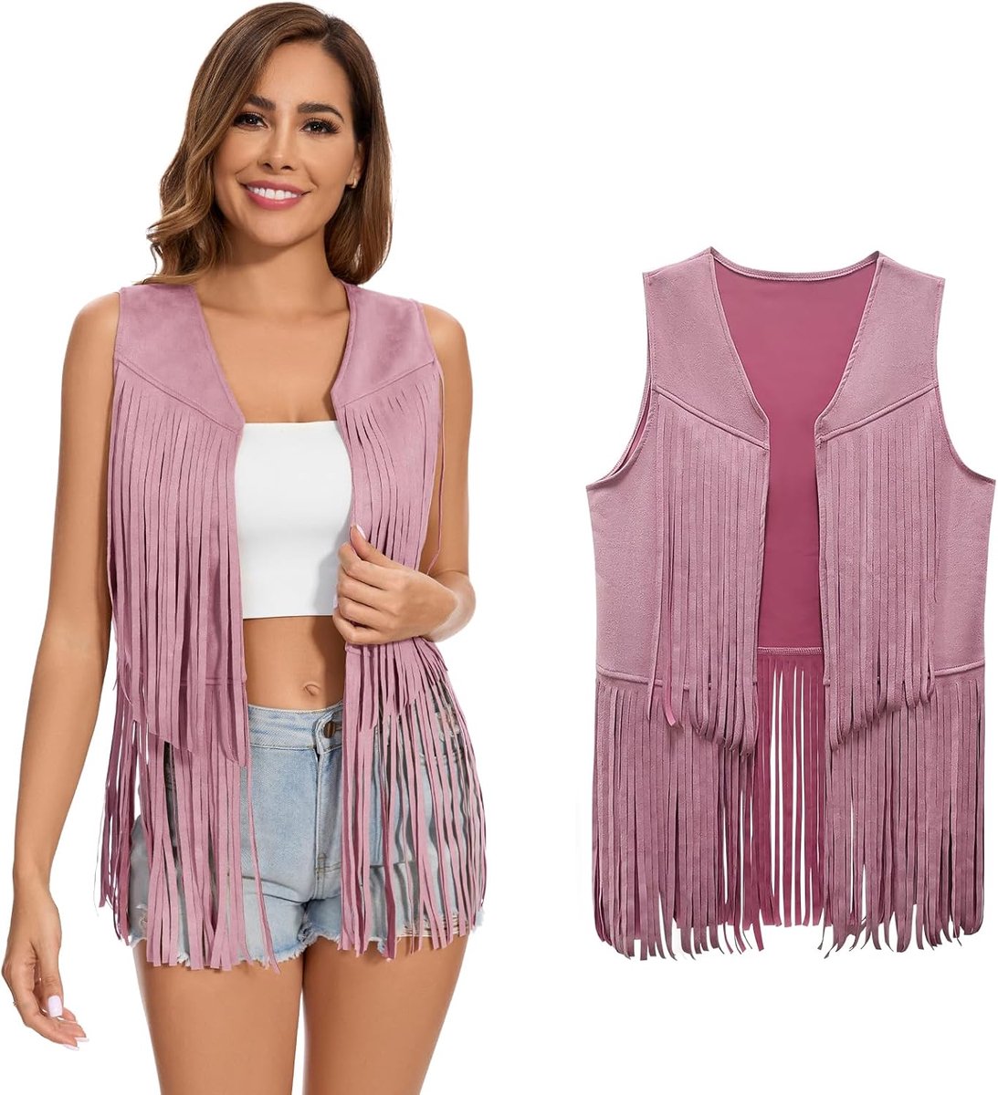 Fringe vest jaren 70 60 hippie vest mouwloos cowgirl western faux suède kwastje leren jas carnaval en rollenspellen kostuums