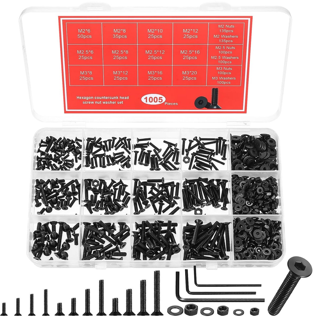 1005 stuks M2, M2,5 M3 verzonken kopschroeven, moerset, verzonken kop, binnenzeskant schroevenset, machineschroeven, assortiment zwarte platte kopschroeven met moeren en sluitringen kit