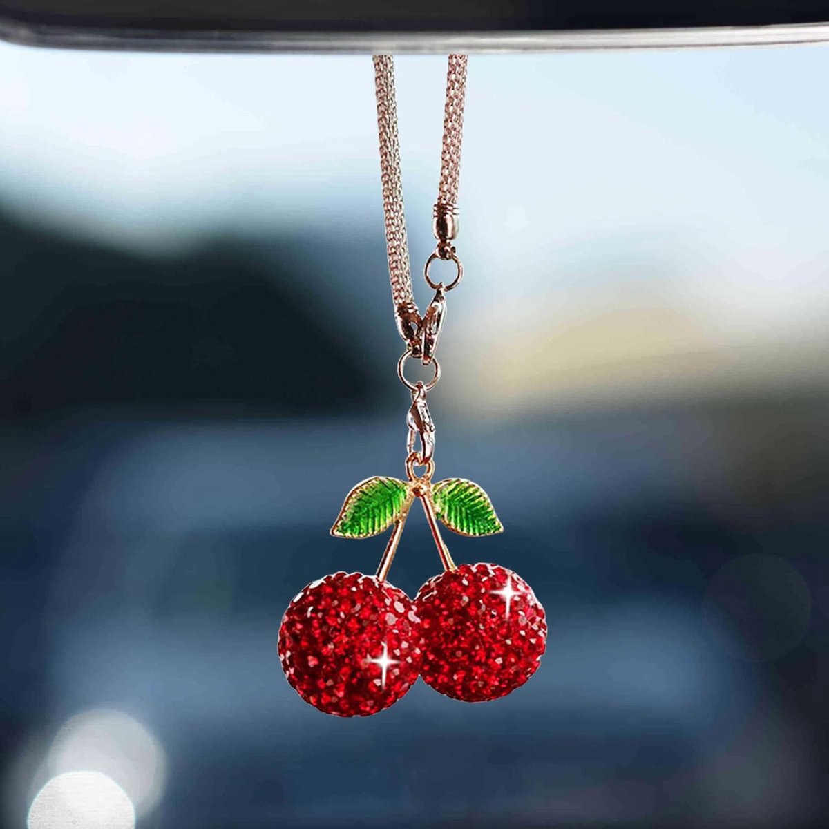 Kersenautohanger voor spiegel, schattige kristallen achteruitkijkspiegelhanger, auto-accessoires, interieur voor vrouwen, autodecoratie interieur, autospiegel, hanger, decoratie