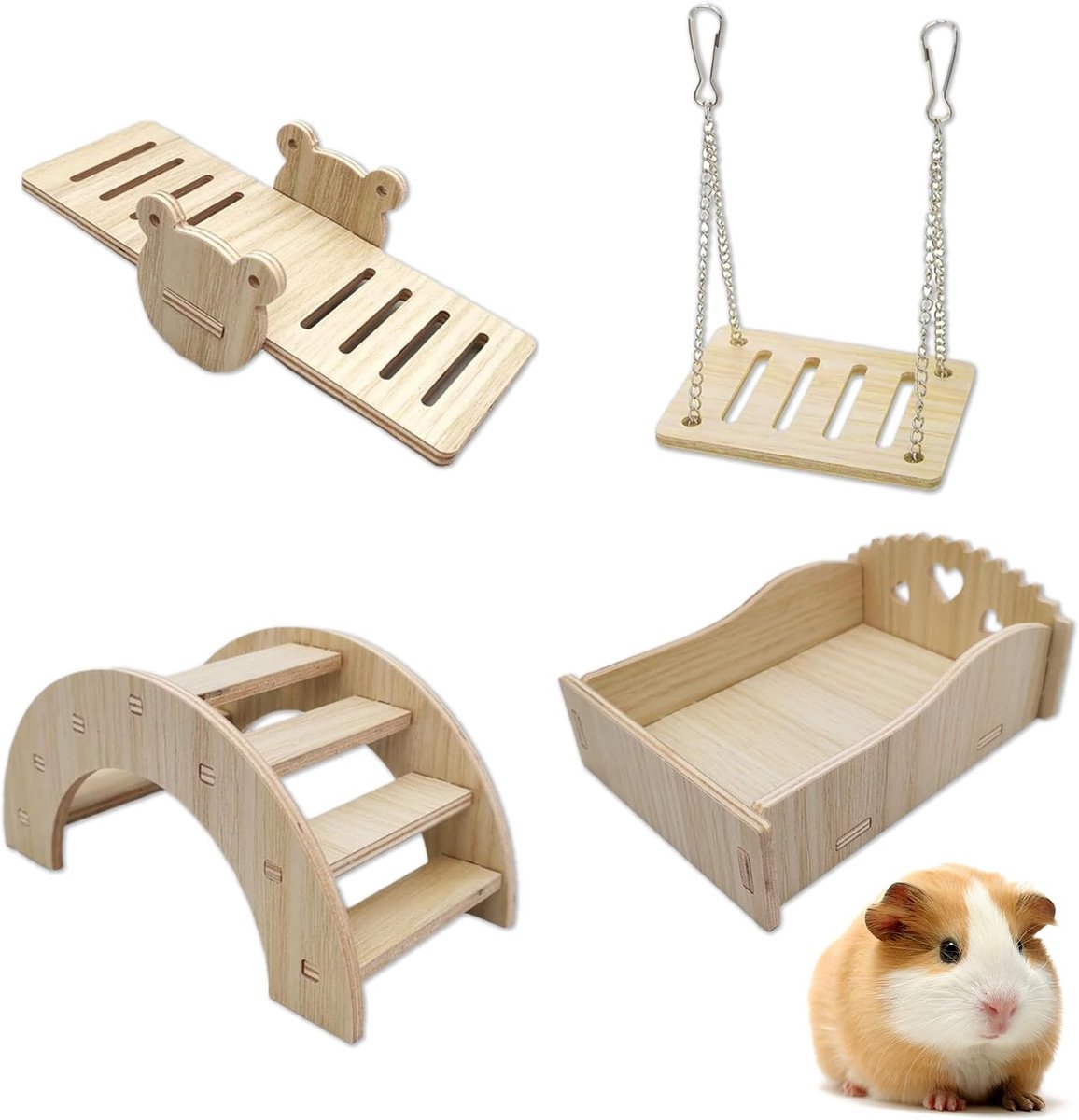 4-Delige Hamsterkooi Accessoires, Houten Brug en Schommel Set met en Ligbed, Houten Hamsterspeelgoed voor Hamsters Gerbils Chinchilla's en Kleine Knaagdieren