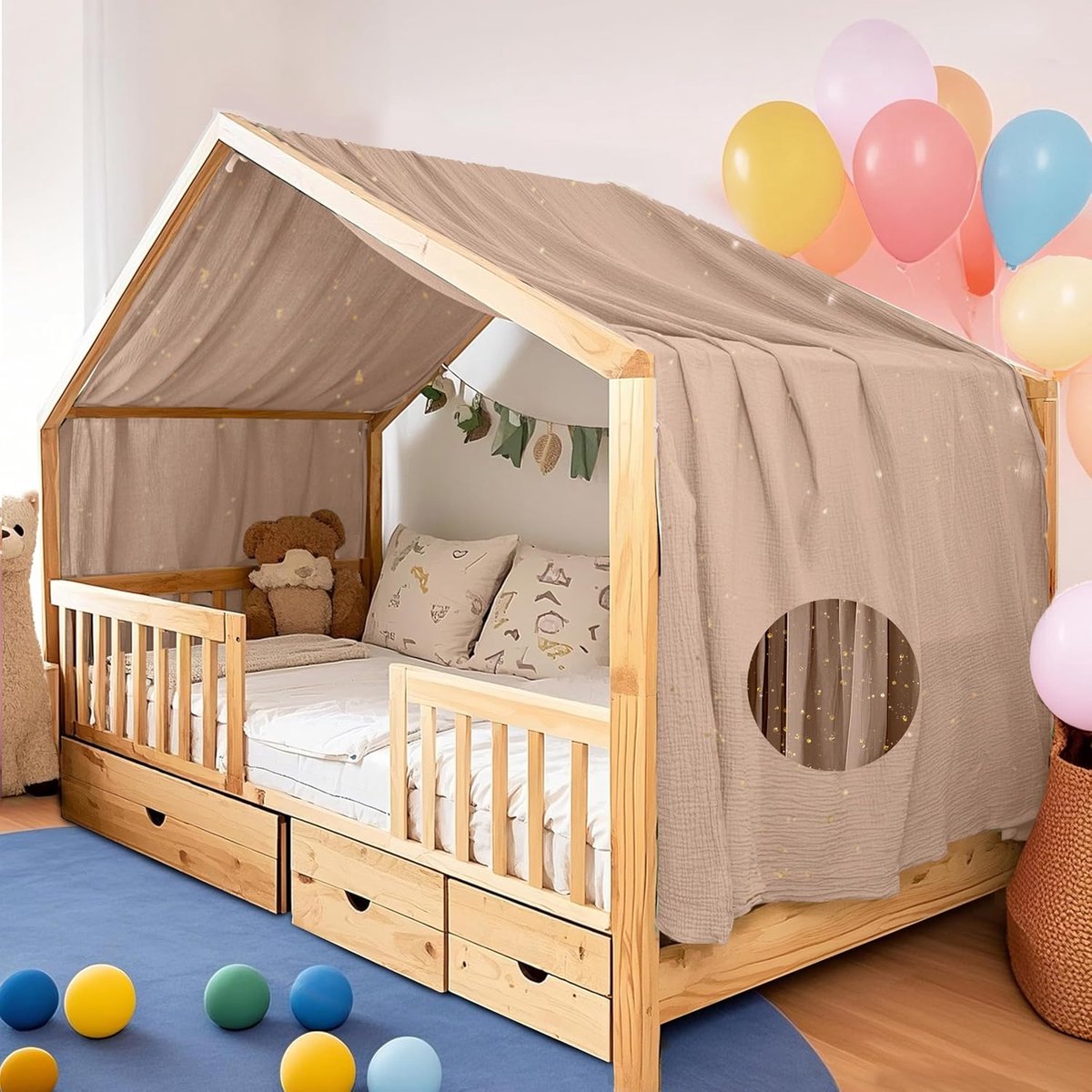 Dekbedovertrek met gouden applicatie, handgemaakt van 100% katoen-mousseline, stoffen hemel voor huisbeddecoratie, geschikt voor meisjes en jongens (donkerbeige, 132 x 420 cm)