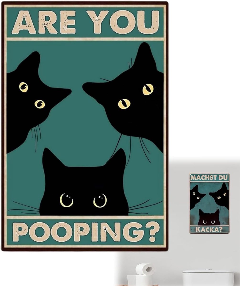 Kattenbord voor het toilet "Maak je Kacka? Grappig zwart kattenbord, Retro Metalen Wandbord,Grappiges afbeeldingen badkamerdecoratie, Grappige badkamerwanddecoratie 20 x 30 cm