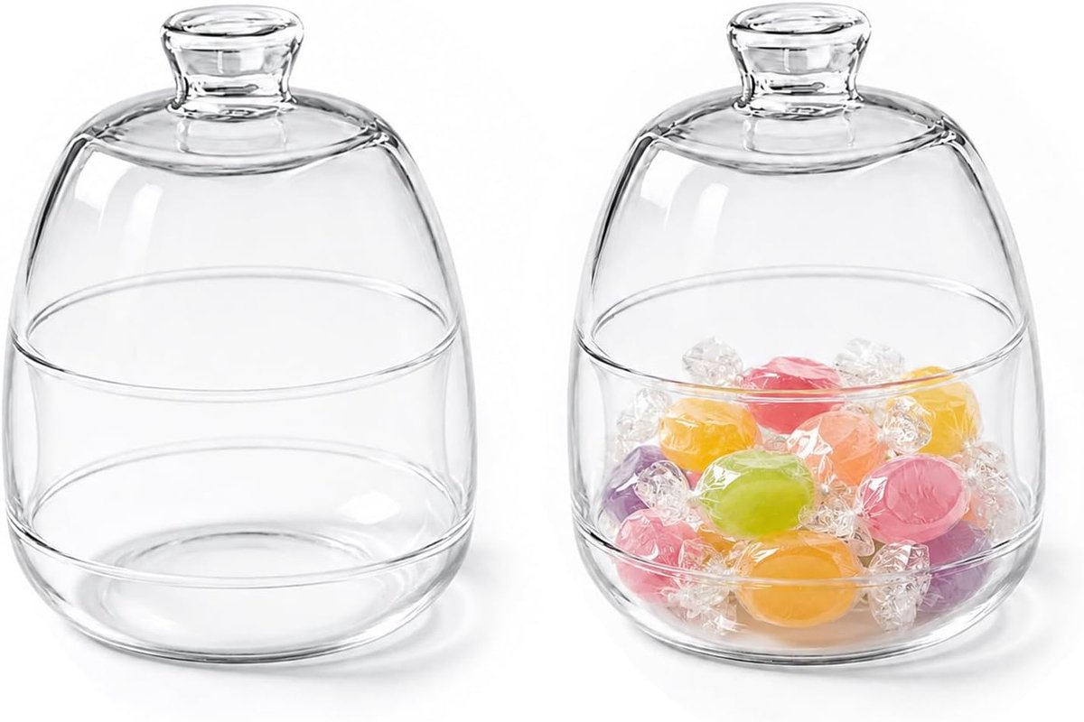 Snoepglazen set van 2 snoepdozen met deksel, helder glas, voorraaddozen voor woonkamer, keuken, eettafel en feest, opslag van snoep, snacks