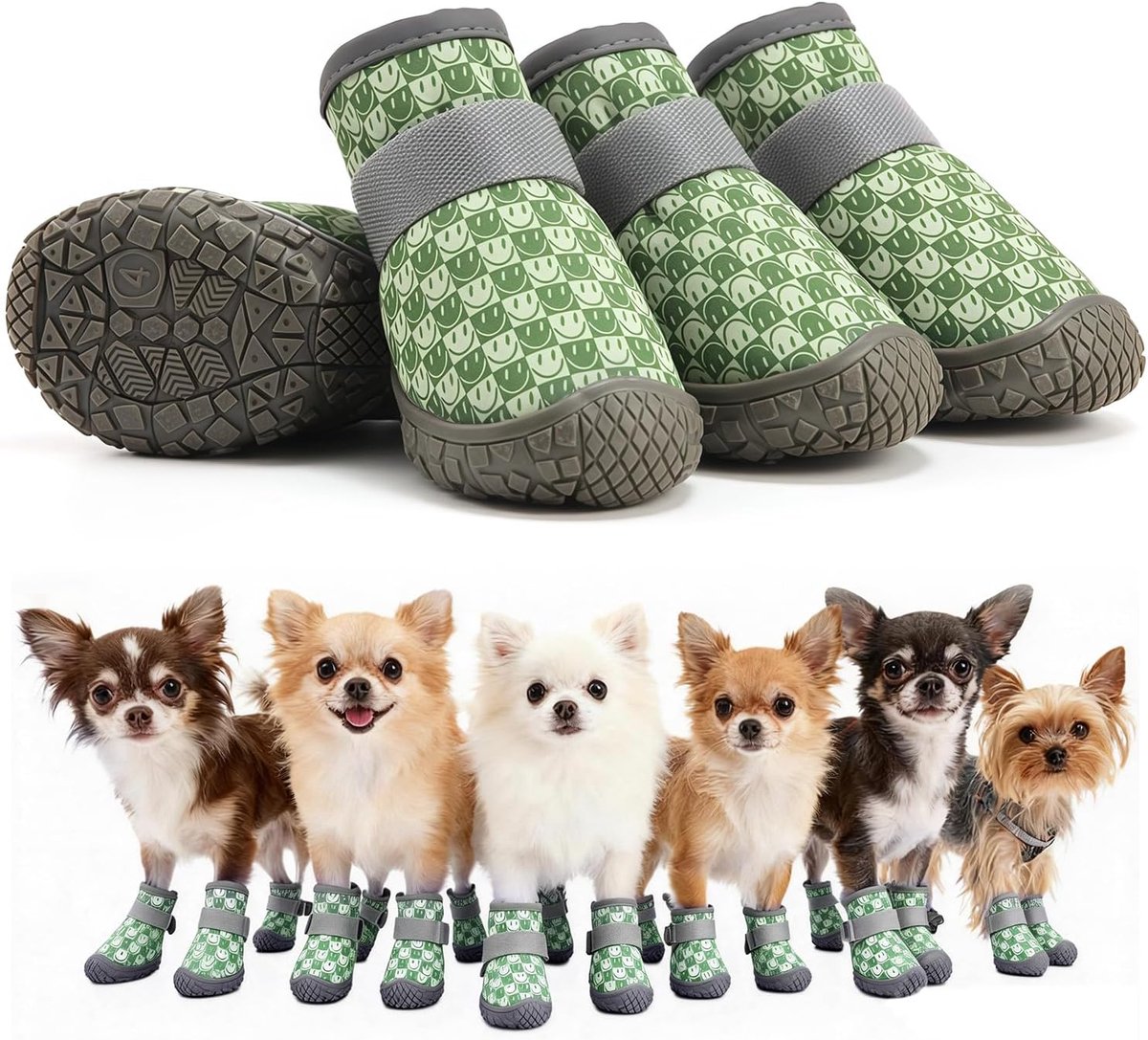 4-Delige Set Groene Waterdichte Lichtgewicht Hondenschoenen, Antislip Hondenlaarsjes voor Gewonde Poten, Flexibele Pootbeschermers voor Kleine Honden 6-9 kg (Pootlengte ≤4,8 cm)