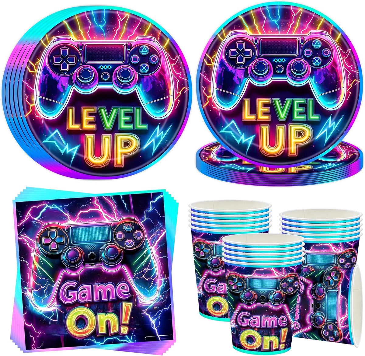 Feestservies voor 16 gasten, 52 stuks videogame, verjaardag, feestborden, set, videospel, verjaardag, papieren borden, bekers, servetten, decoratie voor gamers, feesten, jongens en