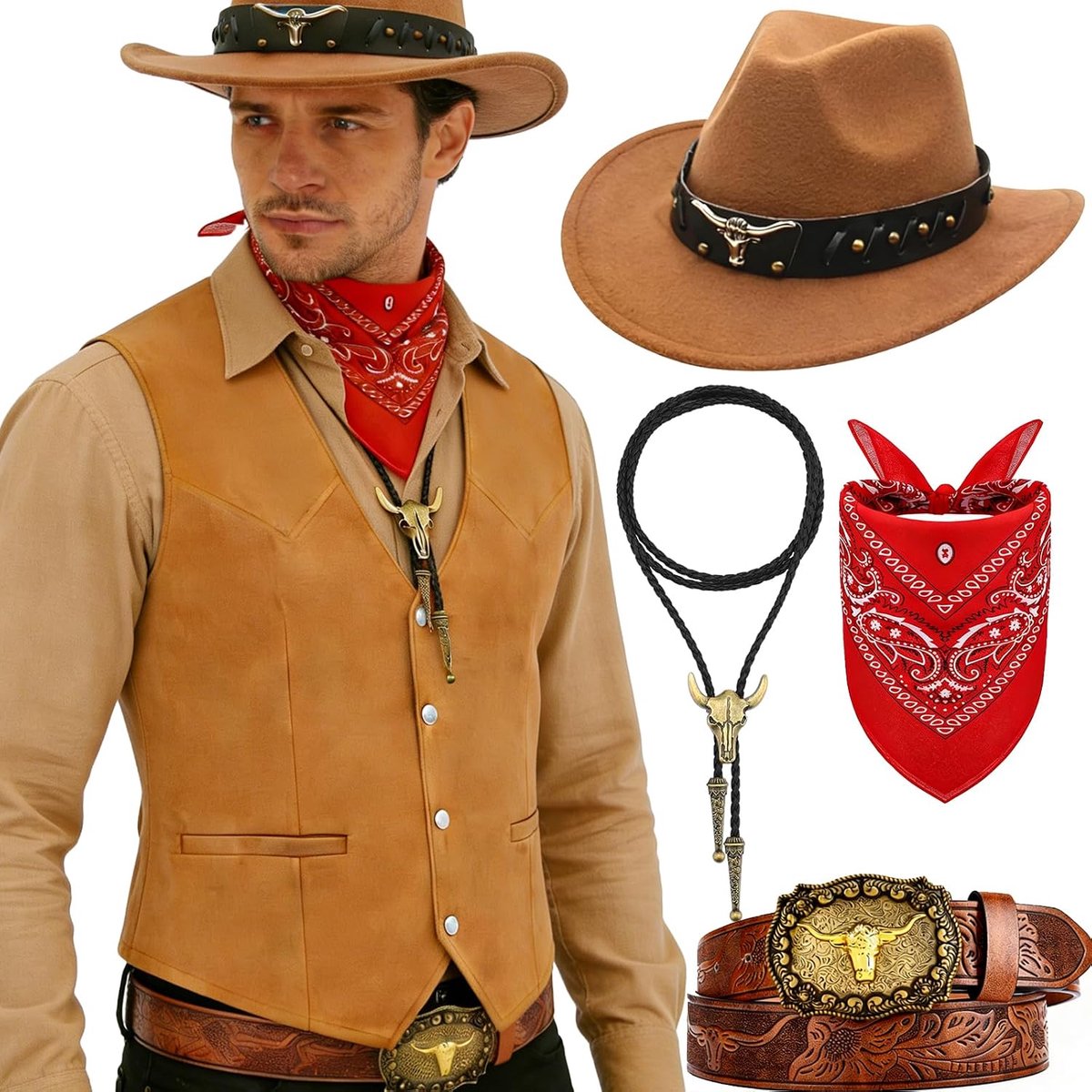 Cowboy kostuumset voor heren, 5-delig met vest, cowboyhoed, bandana, riem en buffelschedel-halsketting, kostuum voor carnaval, Halloween en western-themafeesten