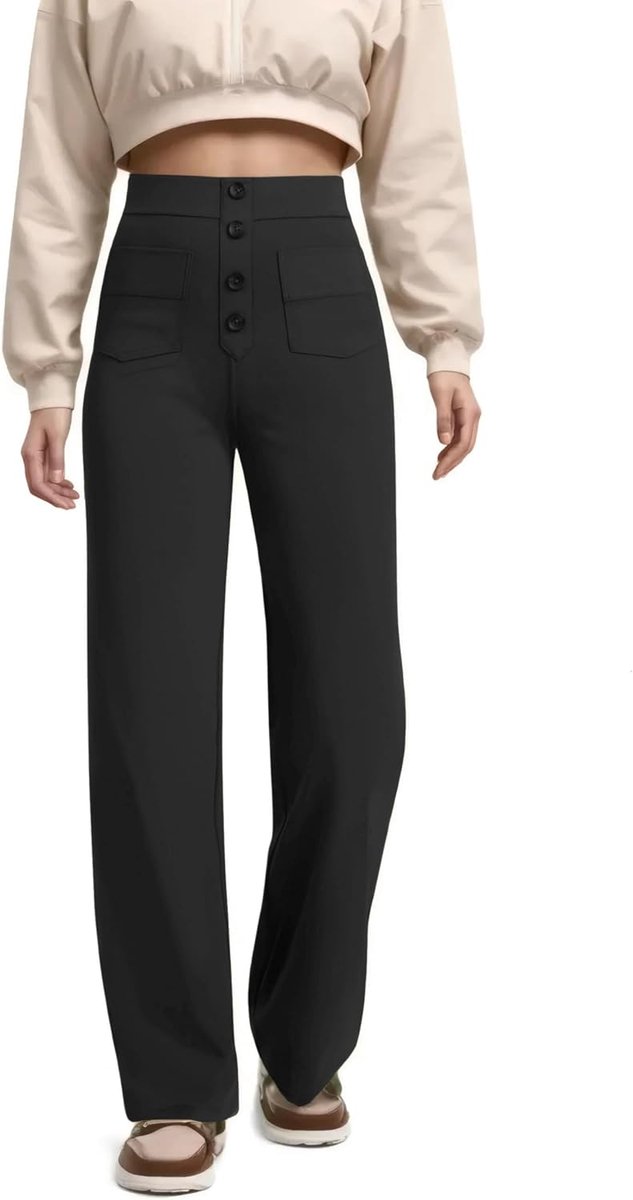 Damesbroek, brede pijpen, rekbaar, flexibele broek, casual yogabroek met meerdere zakken, zakelijke broek, hoge taille, knoopsluiting, vrijetijdsbroek, effen, comfortabele werkbroek
