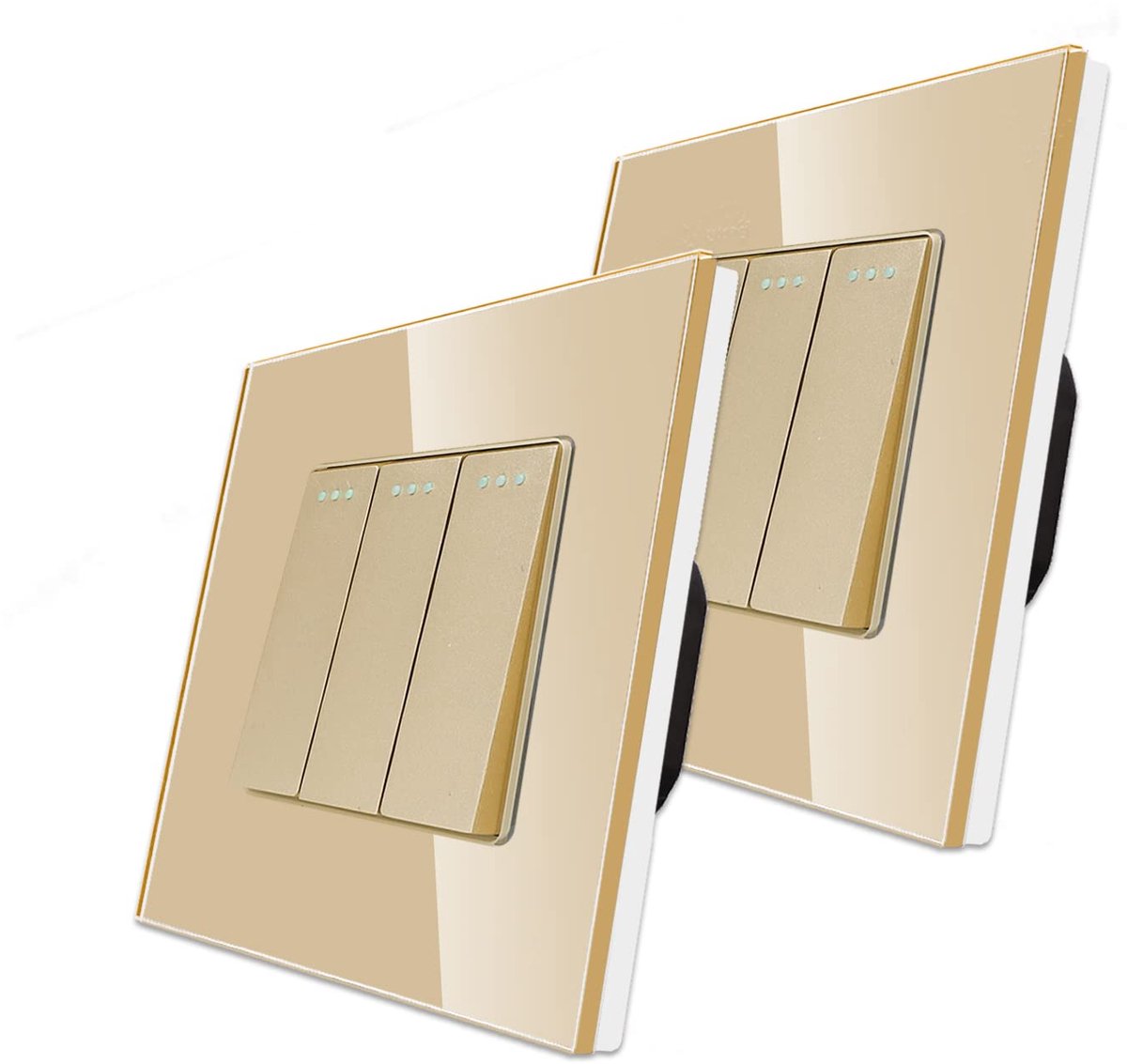 2-Pakket CNBINGO Wisselschakelaar Rocker Schakelaar met een Glazen Paneel, Gouden Moderne Wandplaat, Elektrische Lichtschakelaar, 3 voudig, 10A 250V