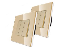 2-Pakket CNBINGO Wisselschakelaar Rocker Schakelaar met een Glazen Paneel, Gouden Moderne Wandplaat, Elektrische Lichtschakelaar, 3 voudig, 10A 250V