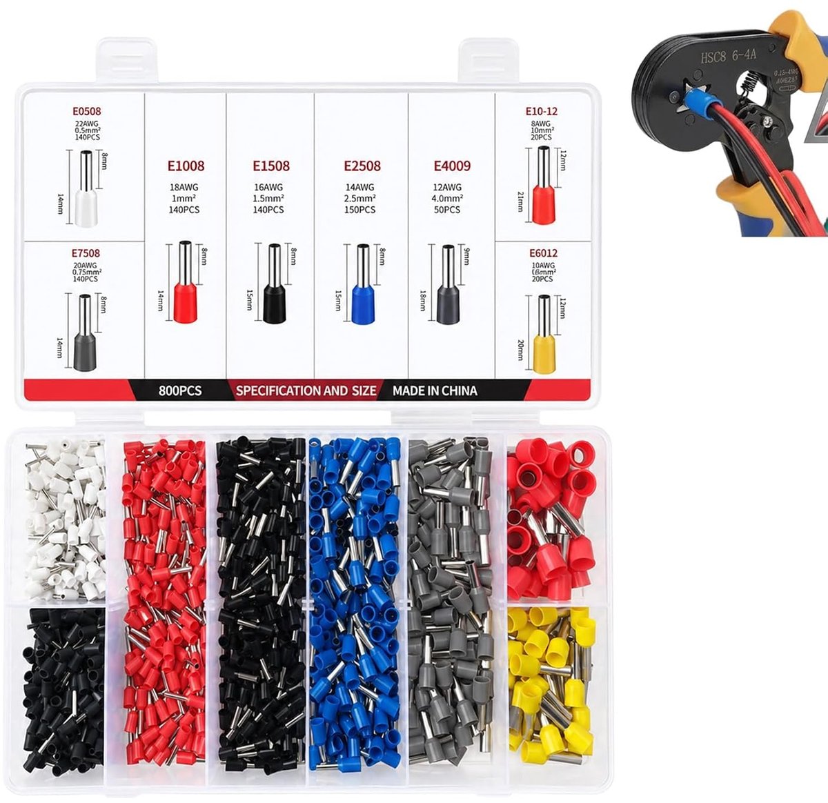 800 stuks geïsoleerde dubbele krimphulzen 0,5-10 mm² standaard elektrische connectorset vertind koper krimpschoenen met opbergdoos