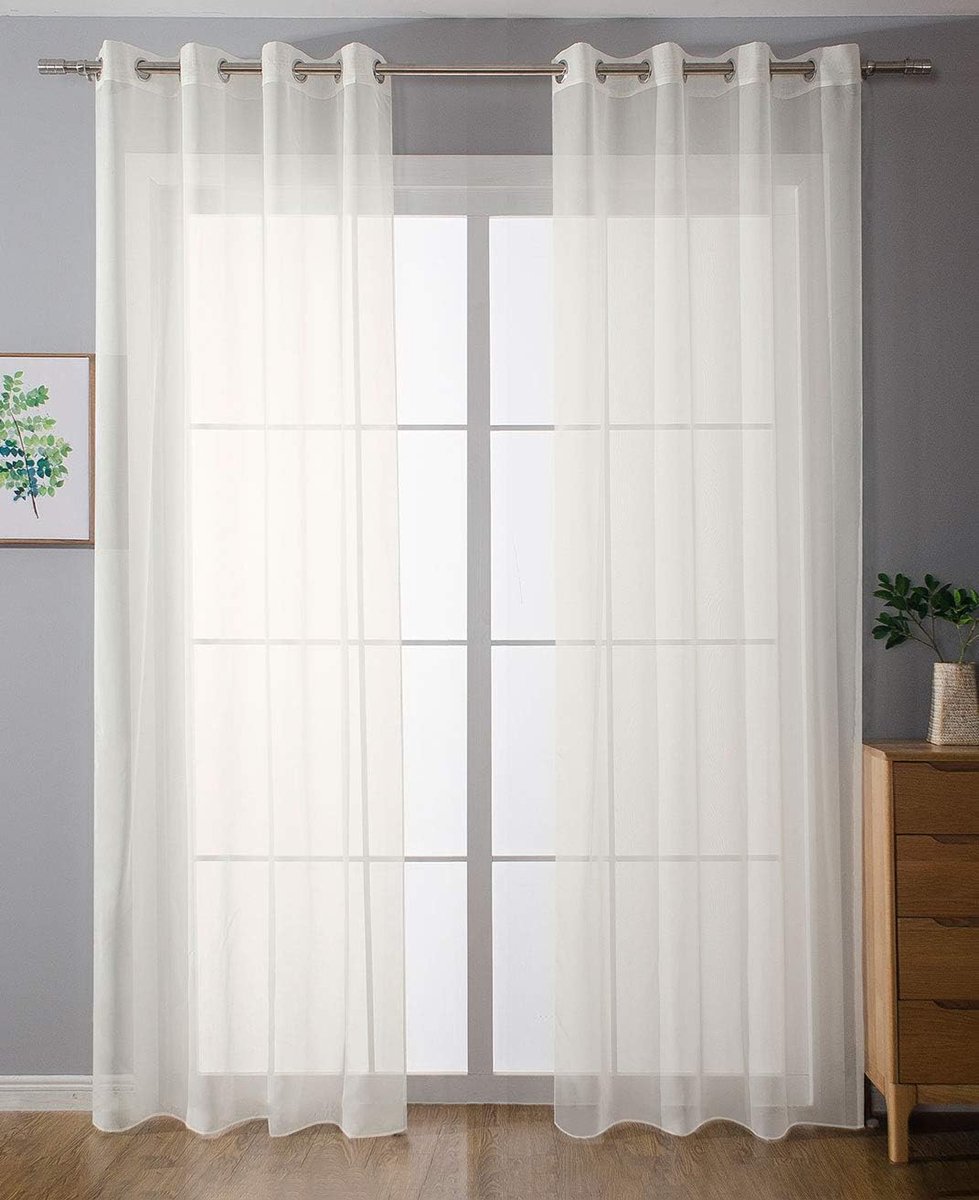 203322 Set van 2 gordijnen met inslagringen, transparant, voor woonkamer, voile, met loodband, H x B 175 x 140 cm, crème