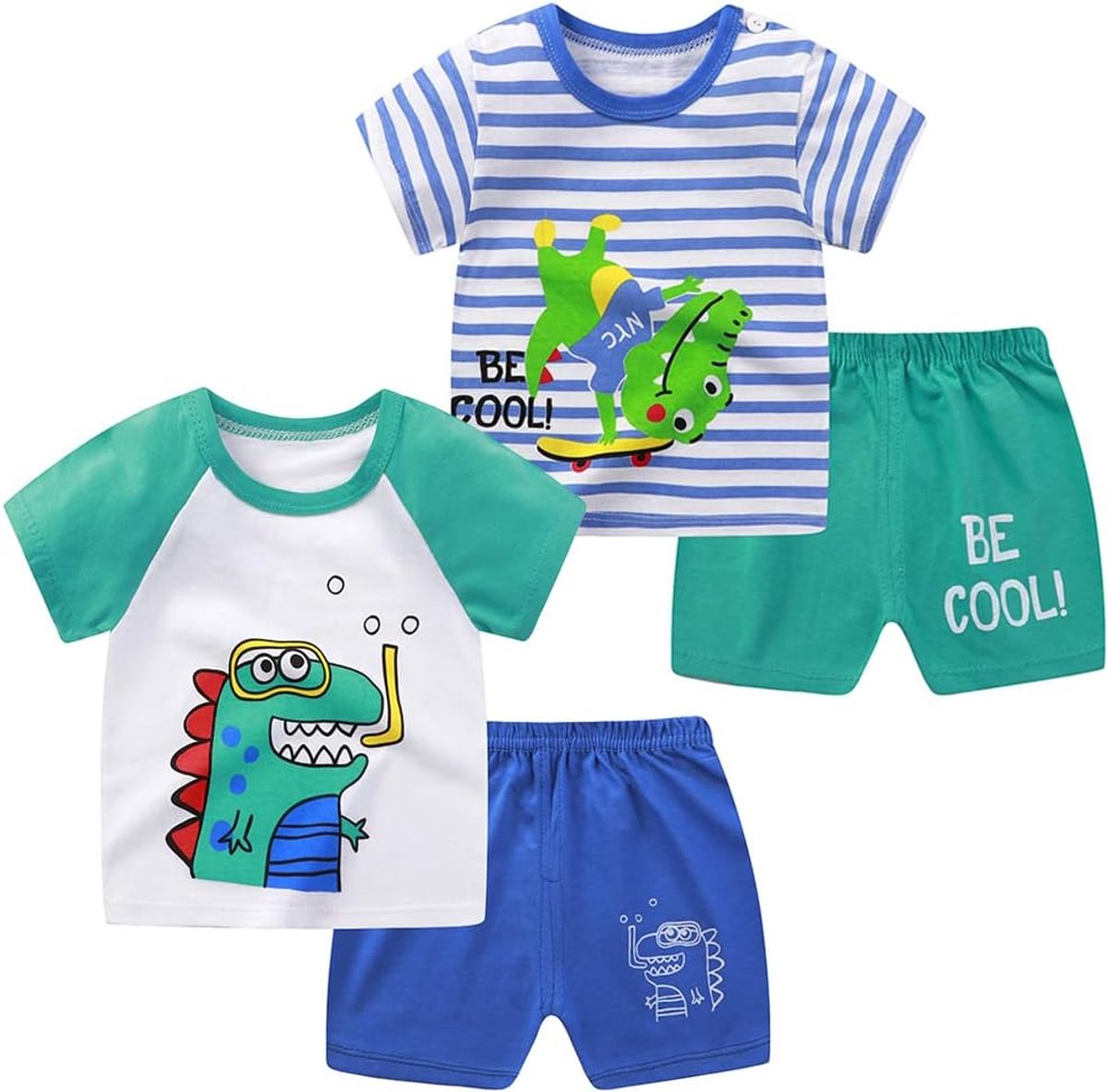 Set van 4 T-shirts en shorts voor peuters, jongens, dinosaurus, zomerkledingset